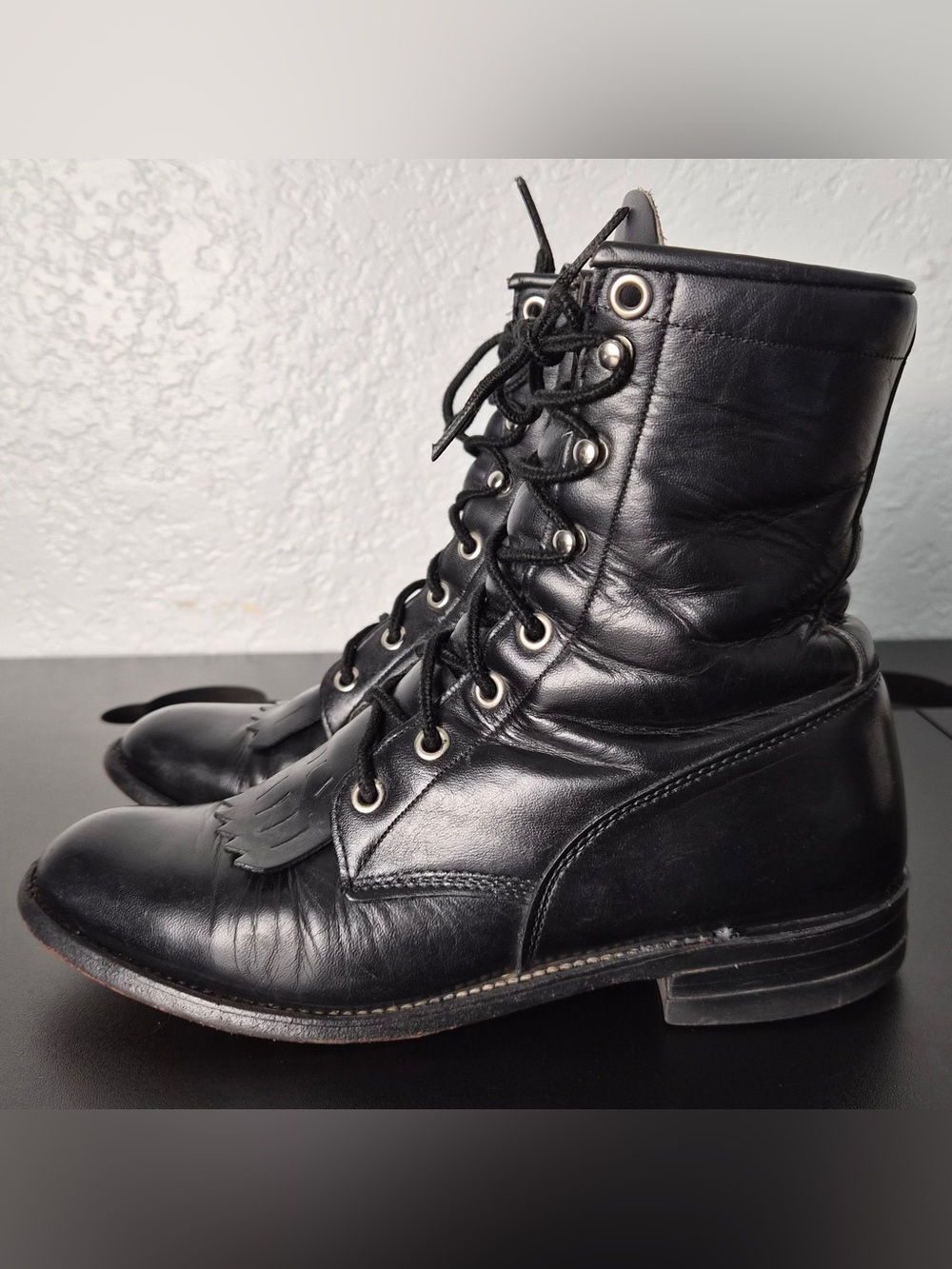 Justin Vintage Black Leather Lace-Up Roper Boots Western Fringe Kiltie Size 6 - Picture 2 of 11